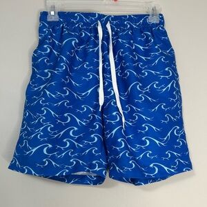 Boy’s Blue Wave Pattern Swim Board Shorts, Size 10